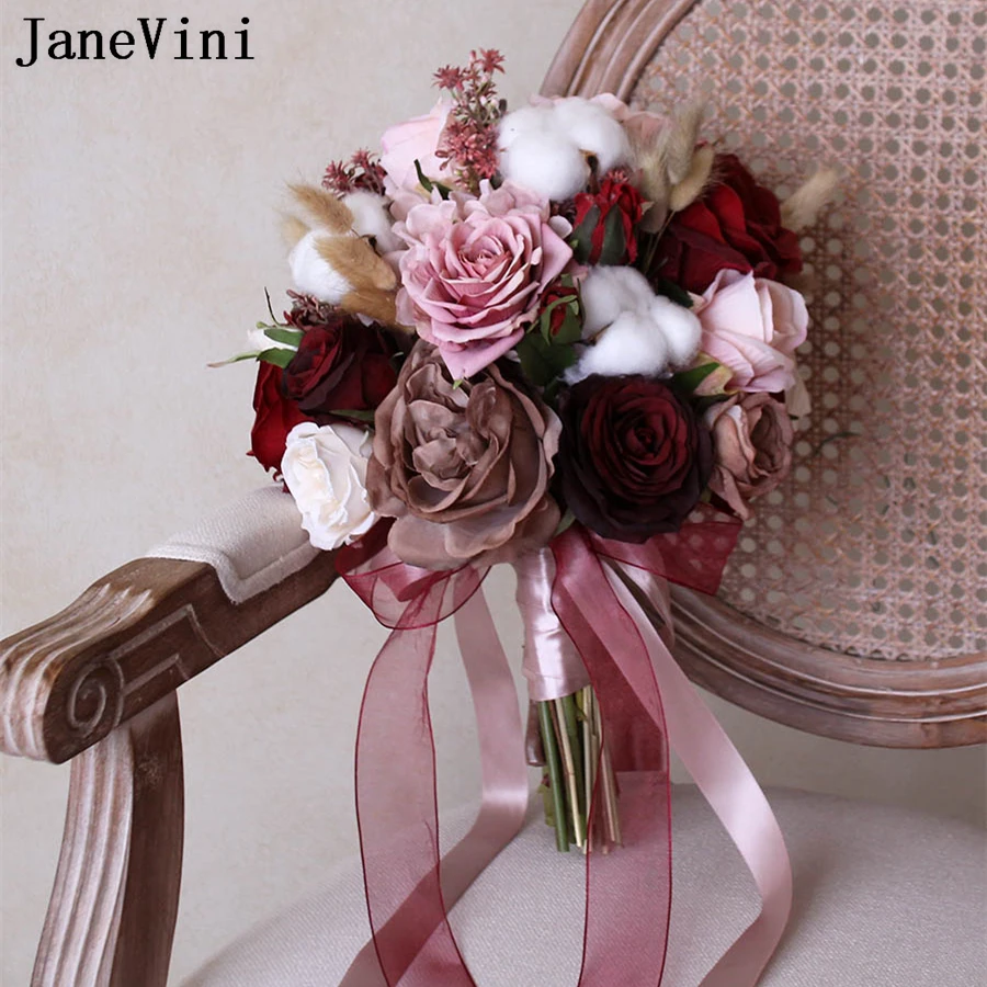 Wine Janevini Red Vintage Wedding Bouquet Artificielle Mariage Artificial Bury ddmysmile Pink Rose Bride Flowers Bridal Bouquet 2023 Smile