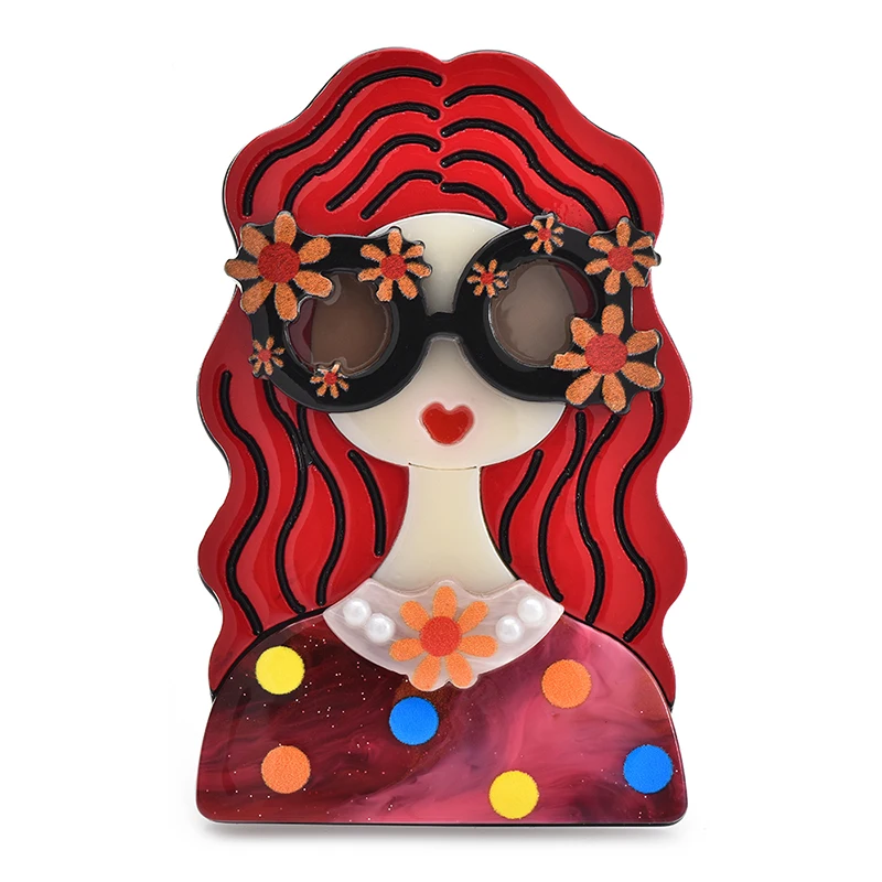 Wuli&baby Acrylic Beautiful Lady Brooches For Women 4-color Wear Flower new Glasses Girl Figure Party Casual 2025 Brooch Pins Gifts