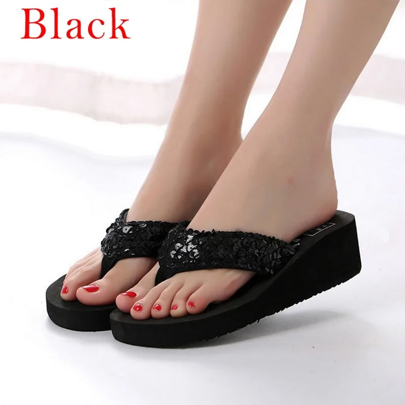 Women Summer Sandals Sequins Beach Female Flip Flops Women's Slippers High Heel Shoes For Women 2023 Platform Wedge Slippers 's smile '