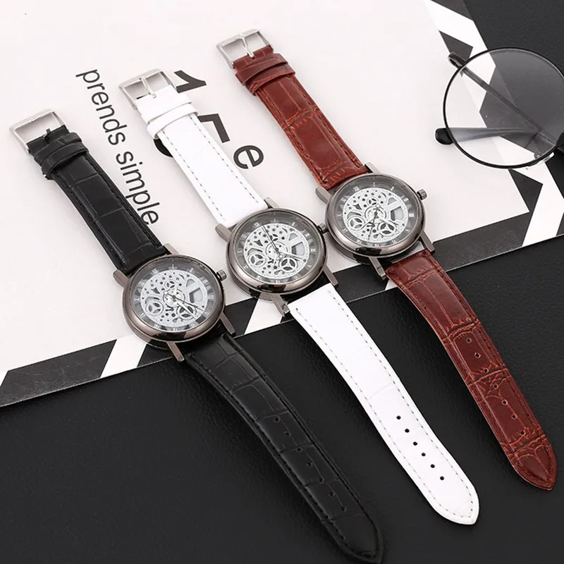 For Foloy Men Watch PU Leather Band Hollowing out Analog Alloy Quartz Wrist Watches Men Watch Clock smile