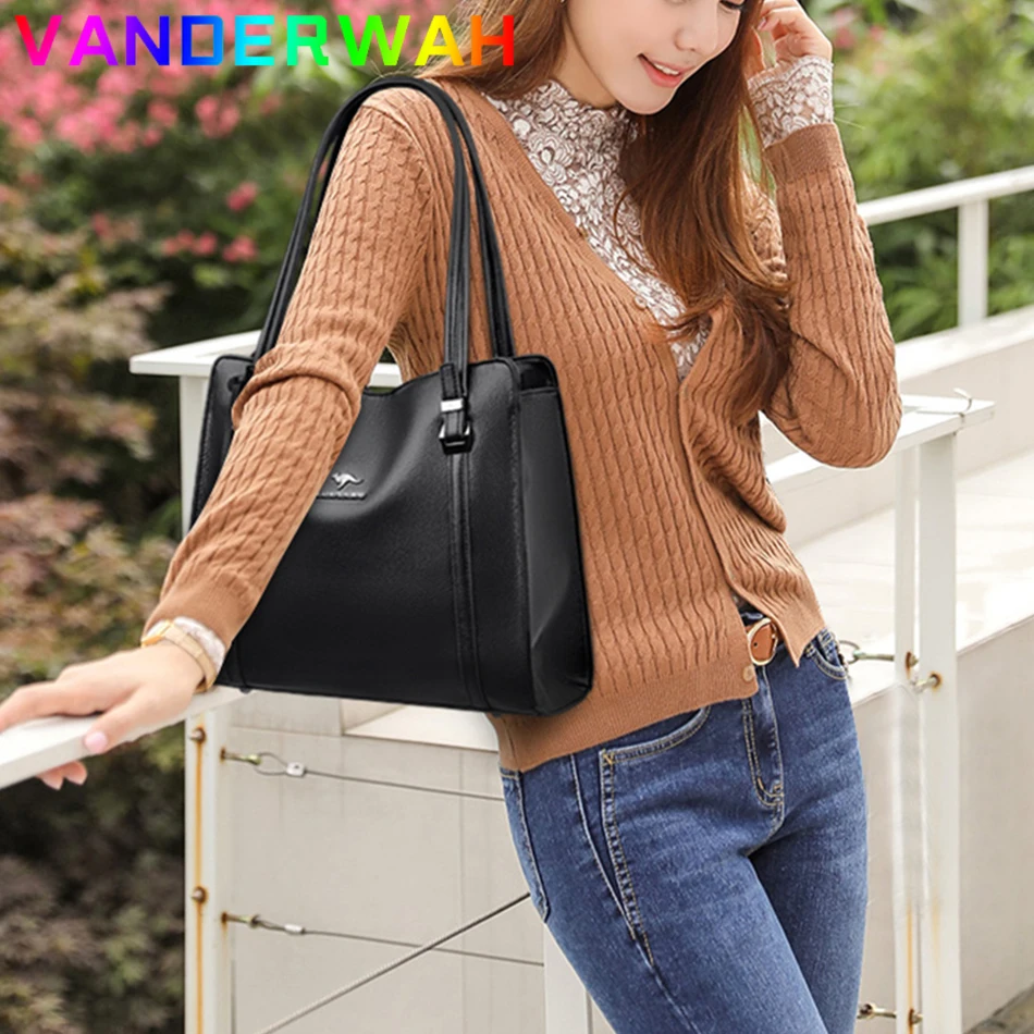 Leather Soft Handbags Genuine for Women Vintage Shoulder Tote Bag Designer Ladies Large Capacity Purse Bags Sac A Main smile