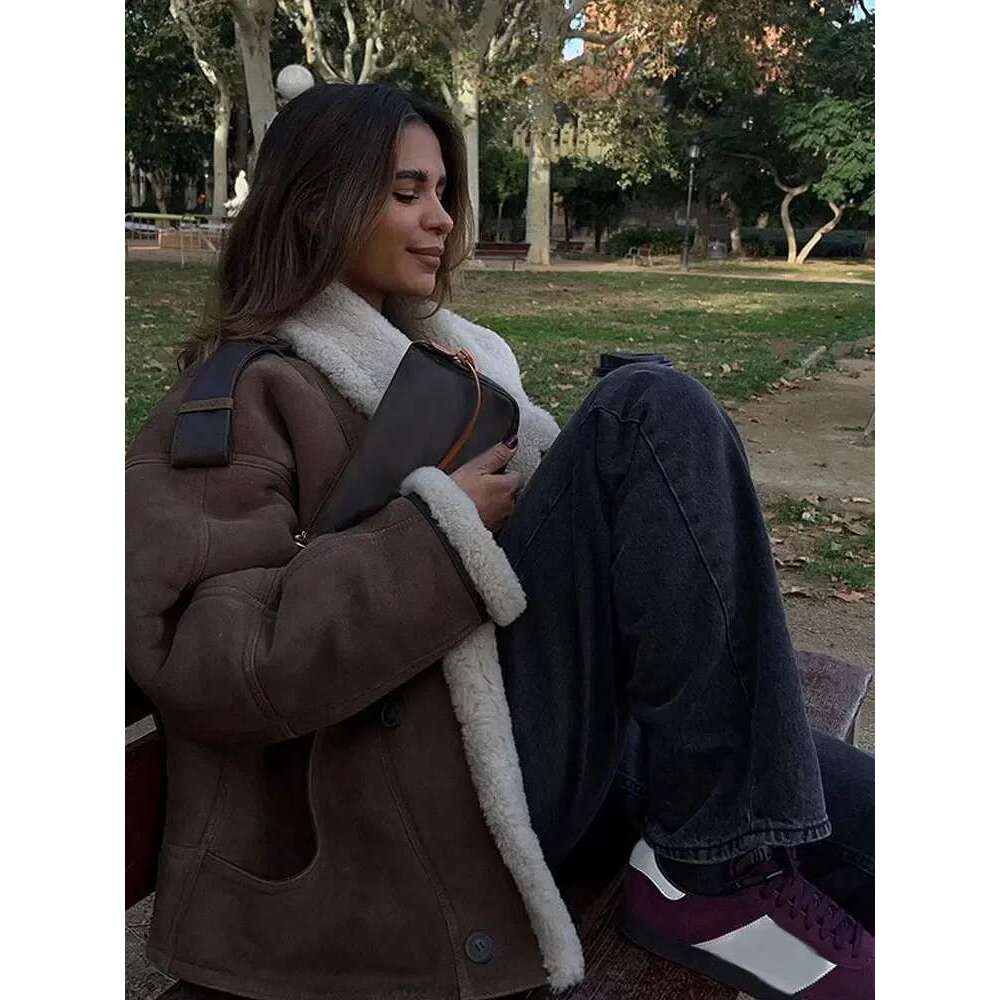 Women Lamb Wool Single Breasted Suede Jacket Elegant Long Sleeves Lapel Thicken Cropped Coat Fashion Ladies Commute Outerwear