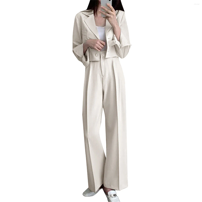 Women's Two Piece Pants Sets Women Outifits Fall Office Lady Korean Blazer Suits Long Sleeve Fashion Coat White High Waist