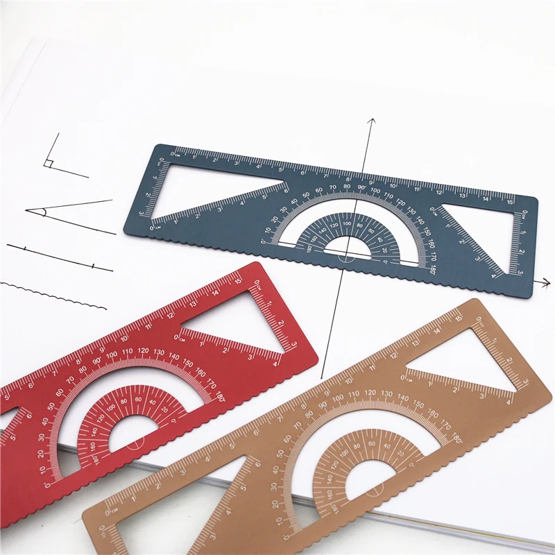 4-in-1 Multi straight functional ruler Aluminum alloy material Draw a triangle Wave lines Protractor smile