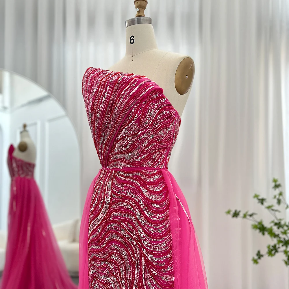 Sharon Said Luxury Dubai Fuchsia Evening Dress With Overskirt Scalloped High Slit Arabic Gown for Women