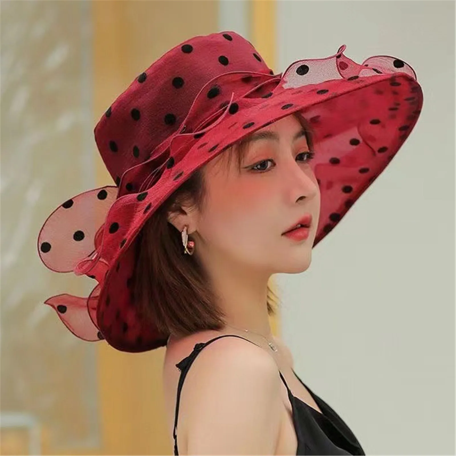 Church Women Summer Organza Wide Brim Bucket Hat Charming Sweet Elegant Dots Sunscreen Sun Hat Lady Wedding Foldable Panama Cap smile