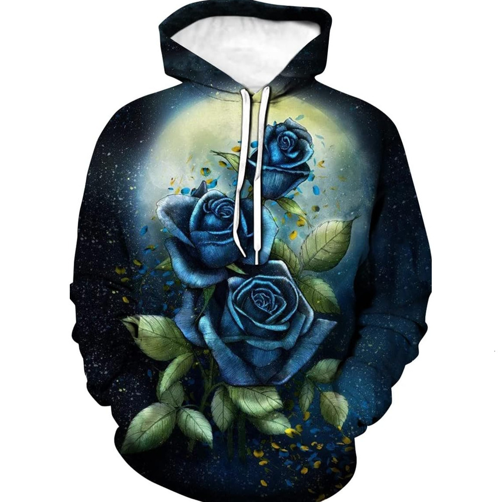 Hoodie for Mens Womens 3D Printing Casual Hooded Sweatshirt Pullover Floral Rose Hoodie for Men Women Graphic BLUE ROSE