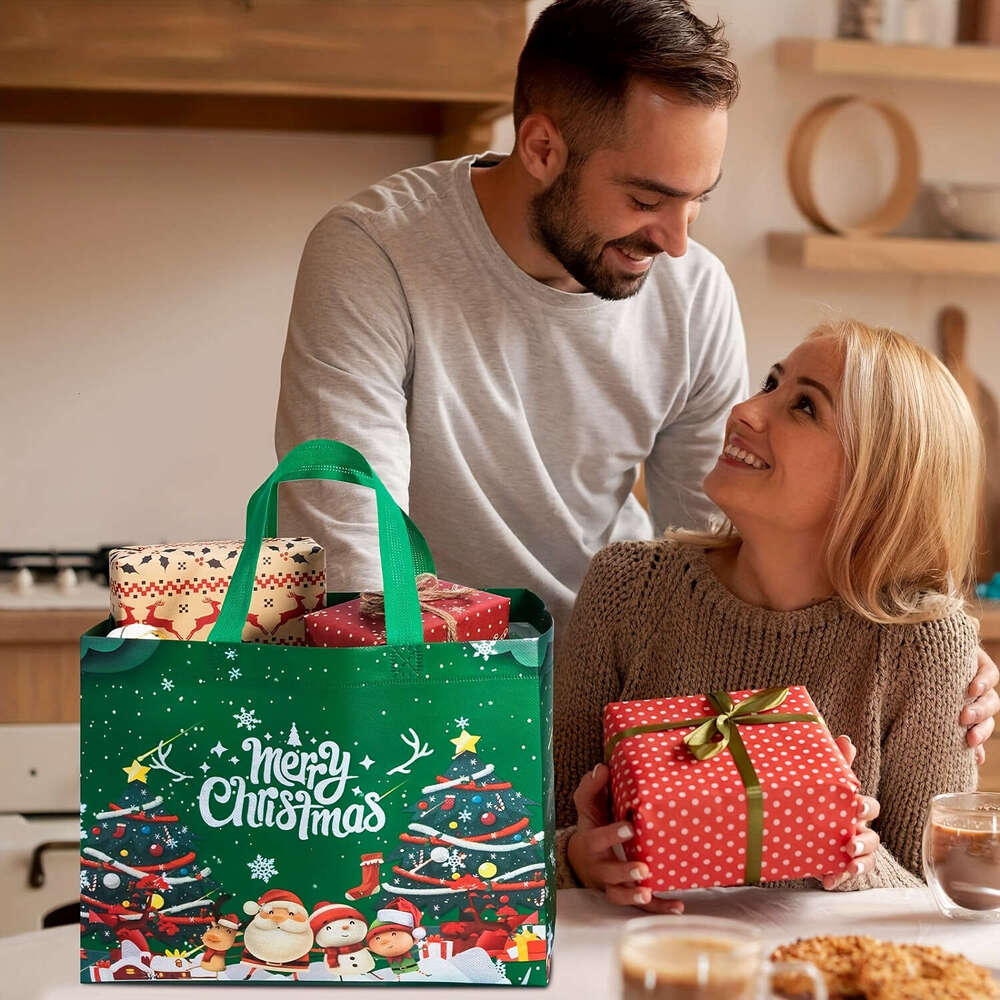 Christmas 8/16pcs Set Large Christmas Gift with Handles Reusable Non-Woven Tote Bags for Holiday Shopping Decor, Durable & Foldable, Featuring Santa, 