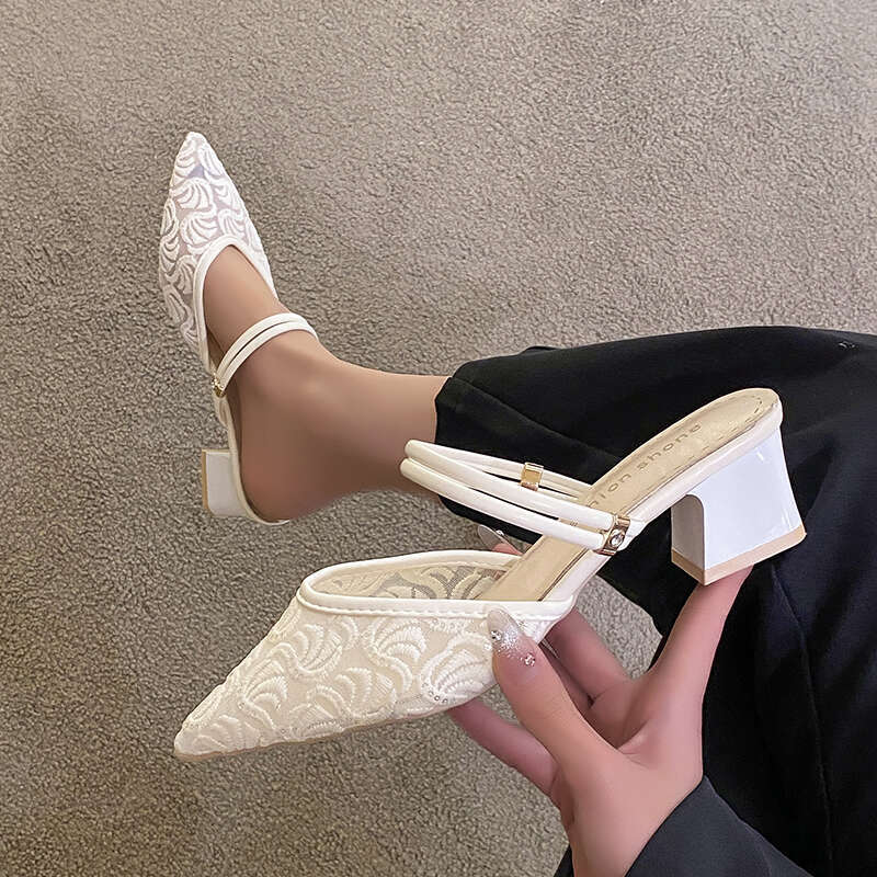 Pointed Toe Women's High Heels Mules Slippers Hollow New 2025 Summer Print Designer Sexy Thick Sole Women's Sandals Zapatos