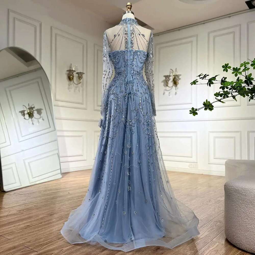 Hill Arabic Serene A E Blue Lace Beaded Evening Gowns For S Party Dubai LA Customized Vening L