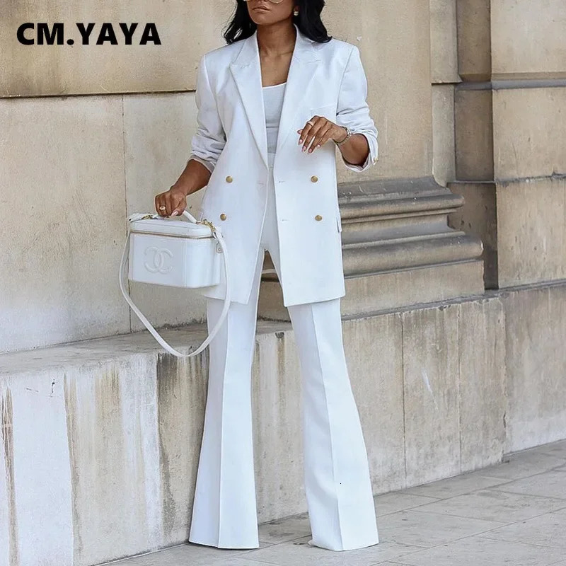 CMYAYA Basic Elegant Womens Tracksuit Double Breasted Blazers and Straight Flare Pants Suit Matching Two 2 Piece Set Outfits 240329
