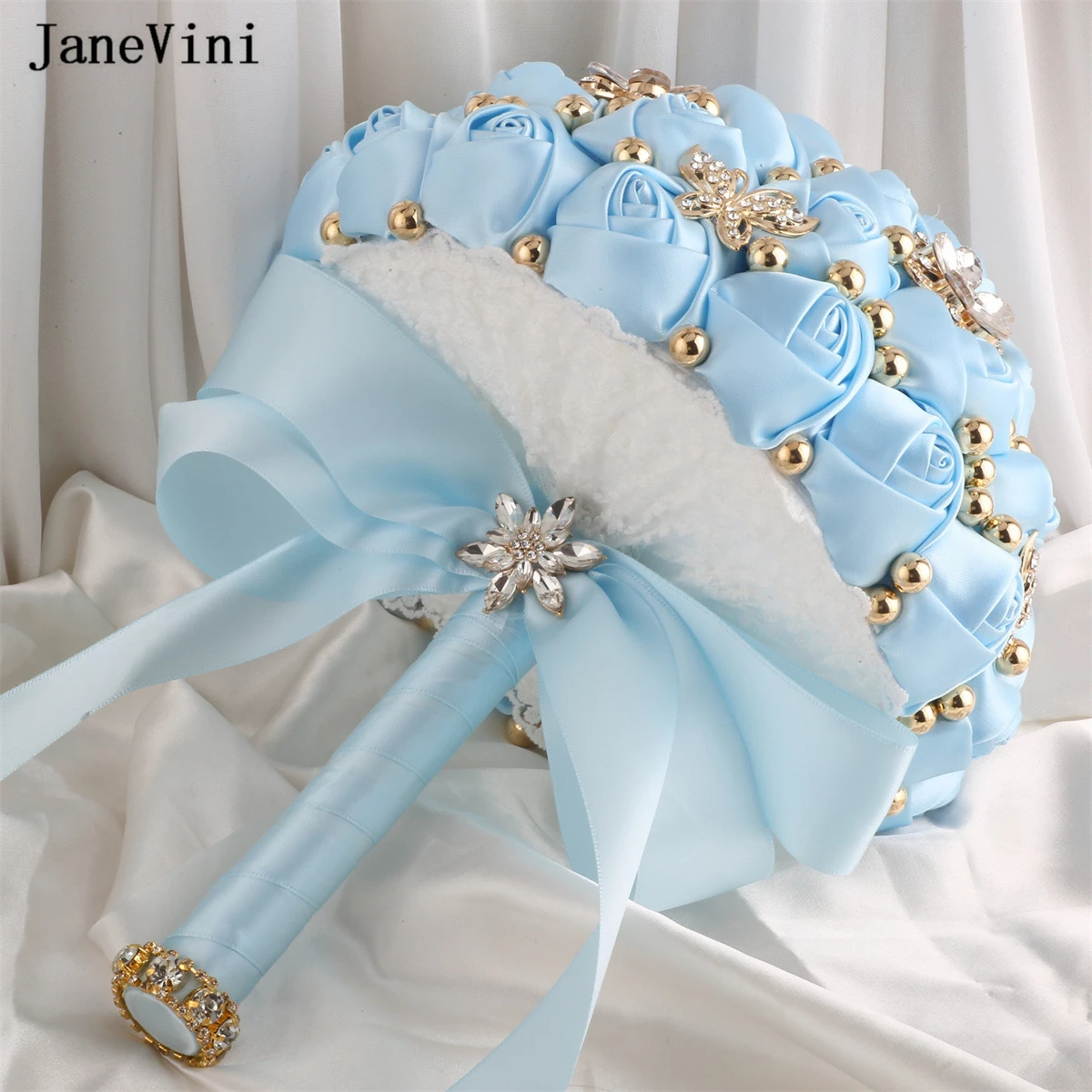 2023 Elegant Light Janevini Blue Flowers Bridal Bouquets God Crystal Beaded Artificial Satin Roses ddmysmile Brides Wedding Bouquet Smile