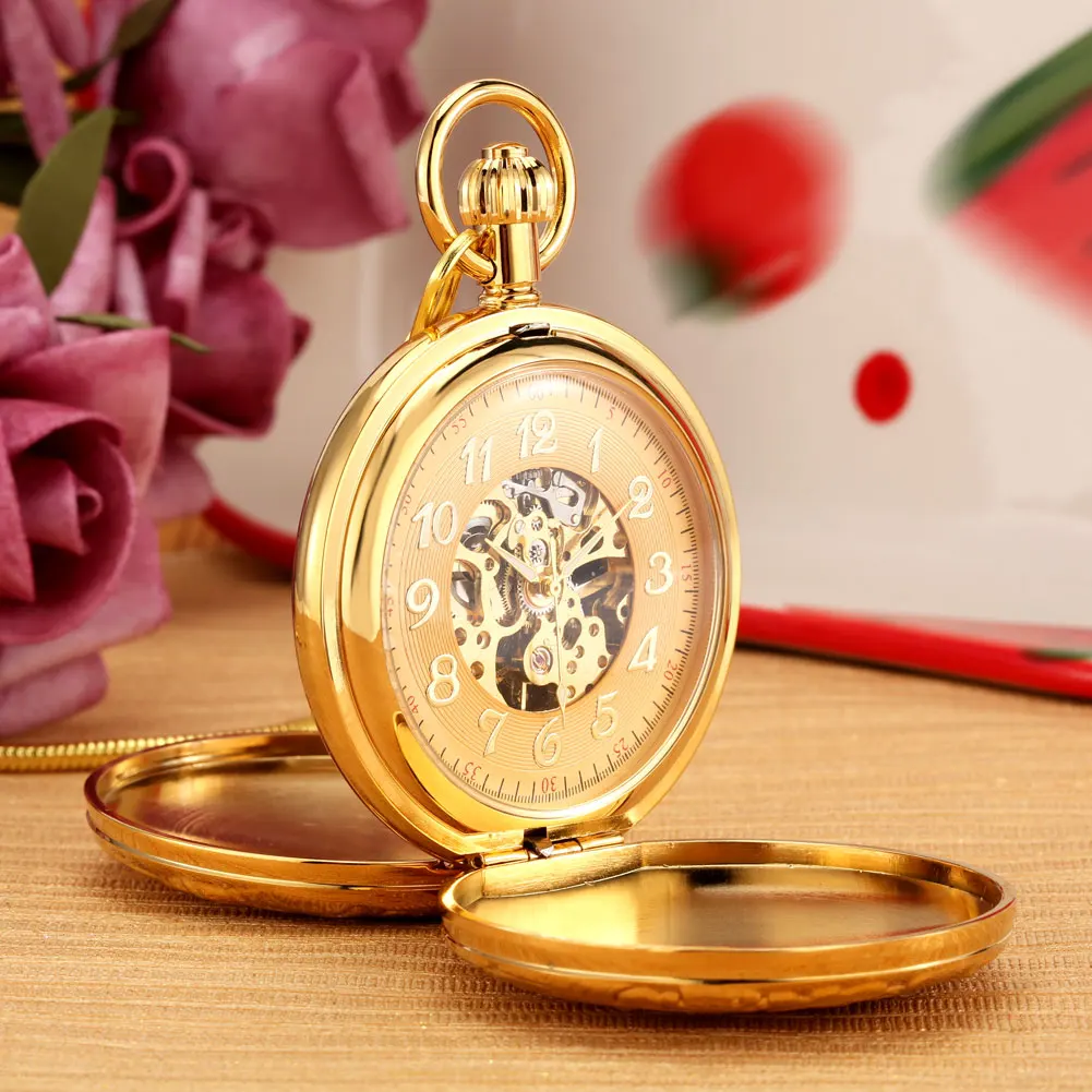 Sides Cover Double Open Gold Copper Automatic Mechanical Men's Pocket Watch Fighter Design Fob Chain Antique Clock Male Gift Box smile
