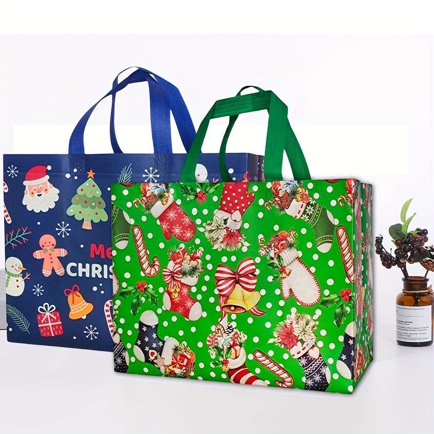 Christmas Set of 8 Christmas Reusable Shopping Totes Non-Woven Shatterproof Rectangle Gift Bags with Handles for Wrapping