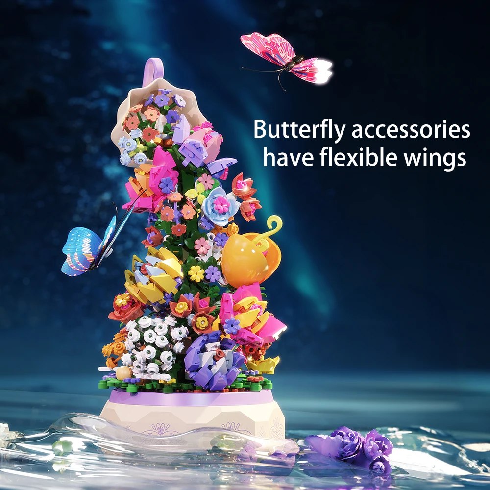 Creativity Newest Blue City Butterfly Music Box Flower Basket Bouquet Model DIY Building Blocks Bricks Toys For ddmysmile Adult Girls Gift Smile