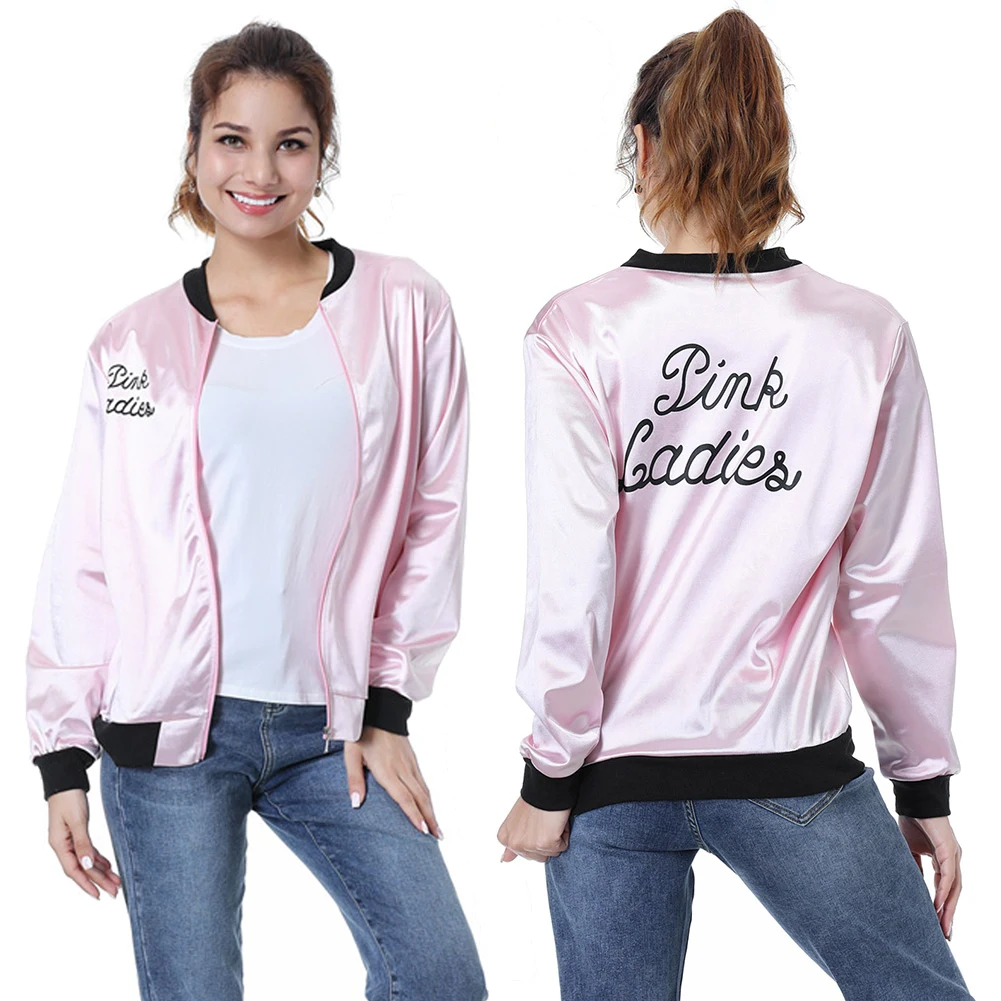 The Grease Cosplay Costume Pink Ladies Gang Girls Jacket Kids Retro Fancy Cheerleader Pink Jacket Coat Autumn Halloween Party smile