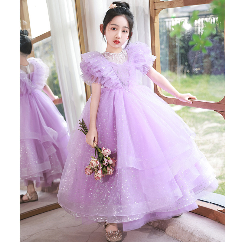 purple Princess Flower Girls Dresses for Weddings sequined Kids Formal Wear Beads Long Pageant Dress First Communion Dress little Girls Tulle Toddler 