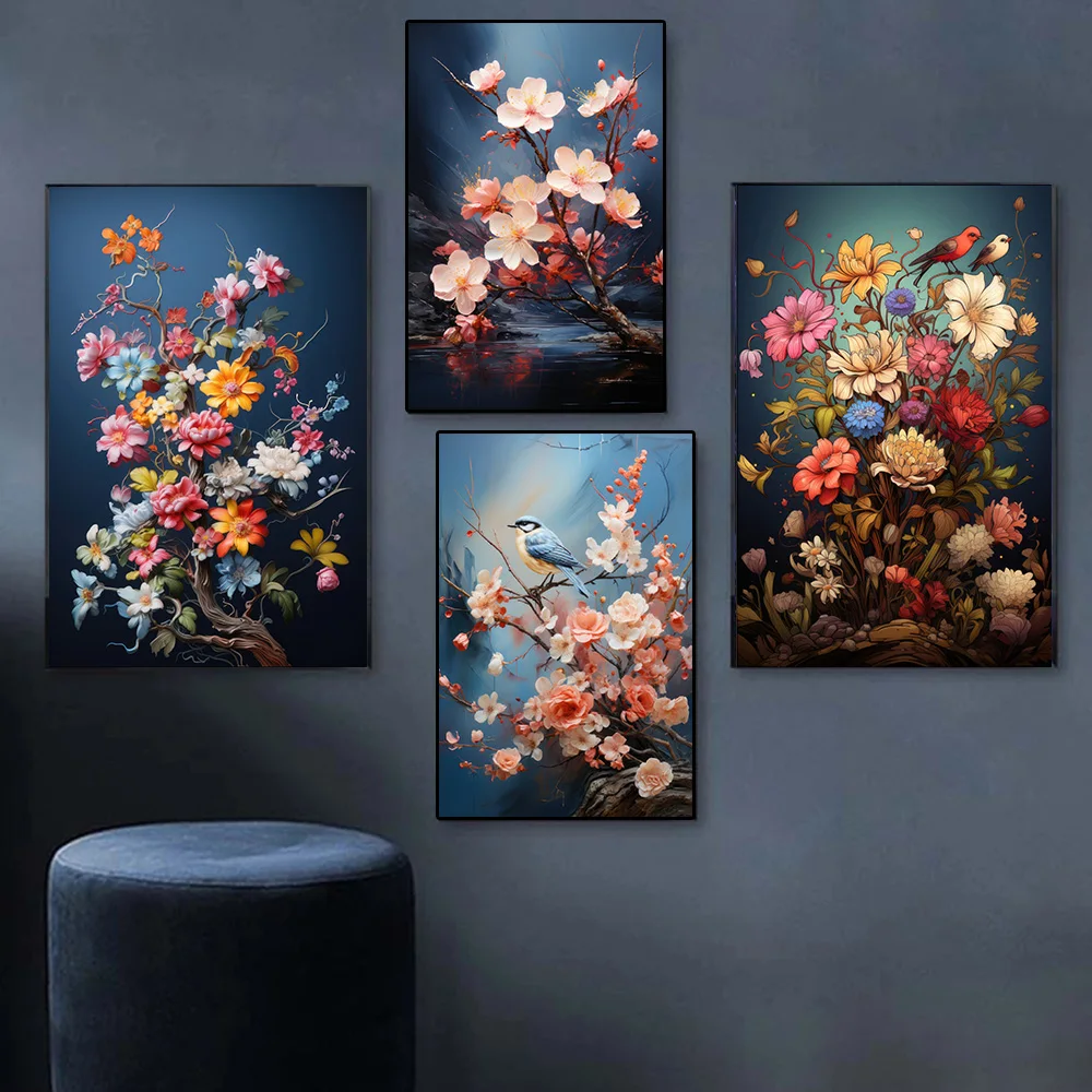 Bird Peach Blue Cute Blossom Flowers 3D Art Canvas Printed Wall Mural Posters Animal Ideal Living Room Modern Home Decor Cuadros smile
