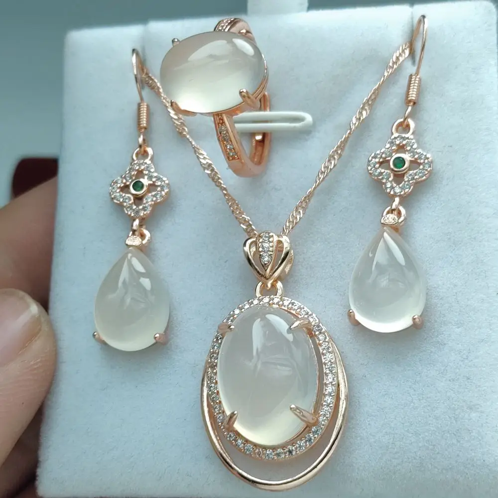 S Natural White Suits ddmysmile Chalcedony Sier Plated Stone Set Lady Agate Ring Water Drop Earrings HANFU Jewelry Gemstone Pendant Smile
