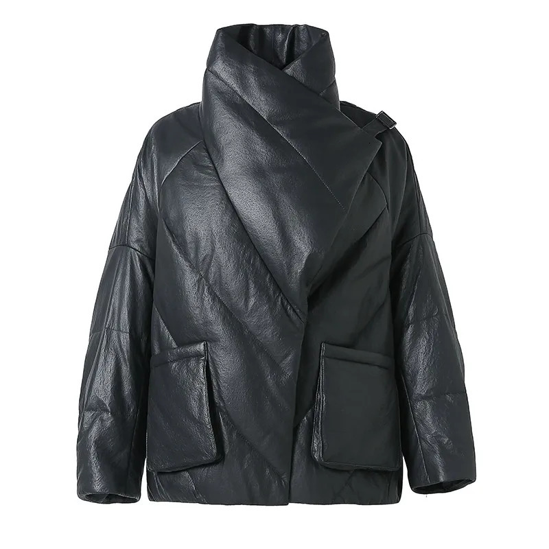 Womens leather down jacket winter leather down jacket outdoor thick warm short sleeved inflatable jacket streetwear 241108