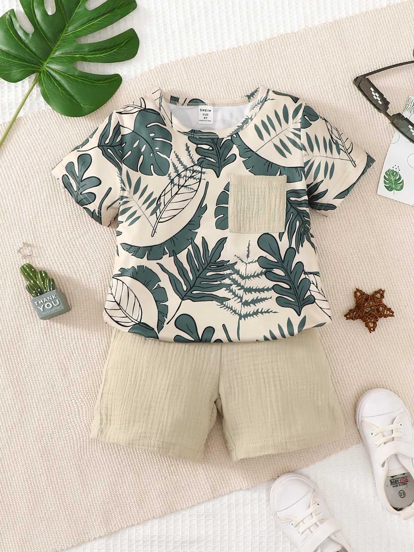 Clothing Sets 2PCS Kid Boy Clothes Set Short Sleeves Leaf Print ket Style T-shirt+Shorts Summer Casual Outfit For Child Boy 4-7 YearsY241225C4XW