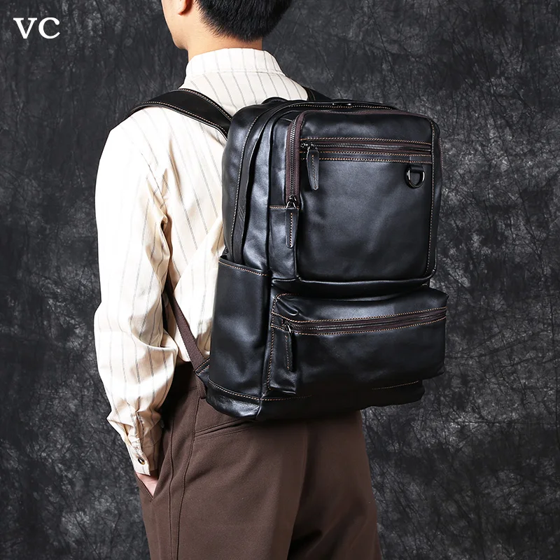 Double Men's Shoulder Leather Baothead Layer Cowhide Backpack Large Capacity Travel Bag Leisure School Bag Simple Computer Bag smile