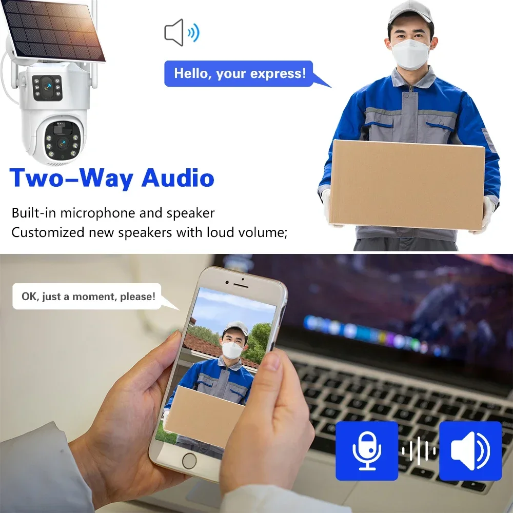 Eseecloud APP Solar 4K 8MP Zoom WIFI Battery Dual Lens PTZ Solar Dual Screens Ai PIR Detect Security CCTV IP Surveillance Camera