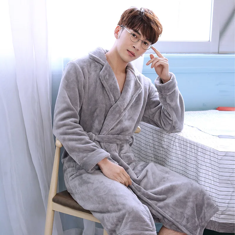 Flannel Kimono Robe Gown Lapel Men Sleepwear With Belt Winter Warm Lingerie Oversized Nightwear Long Sleeve Home Dressing Gown