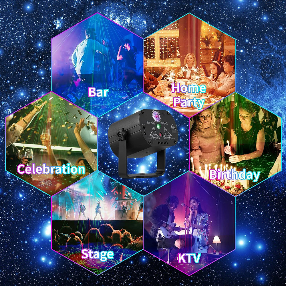 60 patterns Mini DJ Disco Light Party Stage Lighting Effect Voice Control USB Laser Projector Strobe Lamp for Home Dance Floor