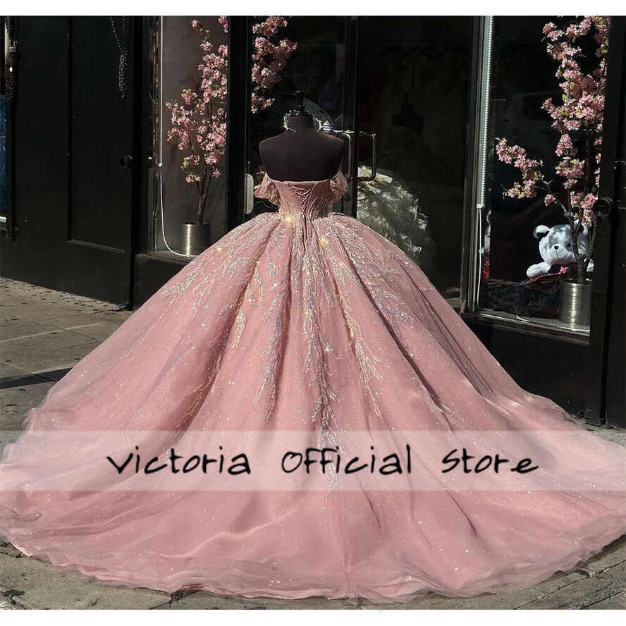 Pink Blush Beaded Quinceanera Dresses Puffy Ball Gown Off Shoulder Birthday Lace Up Sweet Dress Vestido De
