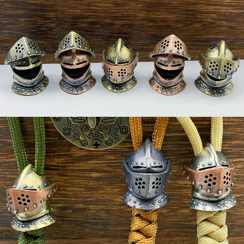 Openable Medieval Armor Warrior Helmet Brass Paracord Woven Keychains Lanyard Pendants Ancient Roman Knight Mask EDC Knife Beads