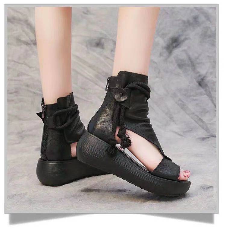 Shoes for Women Ladies Vintage Pu Leather Boots Fashion Women Sandals Summer Mid Heels Wedges Shoes Sandalias Mujer Sneakers