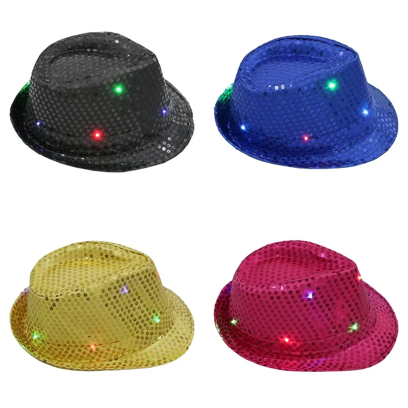 LED Luminous Creative Flashing Jazz Hat Glitter Sequins Cowboy Caps Performance Costume Shiny Hats ddmysmile Dance Show Party With Light Smile