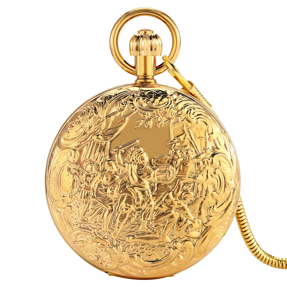 Sides Cover Double Open Gold Copper Automatic Mechanical Men's Pocket Watch Fighter Design Fob Chain Antique Clock Male Gift Box smile