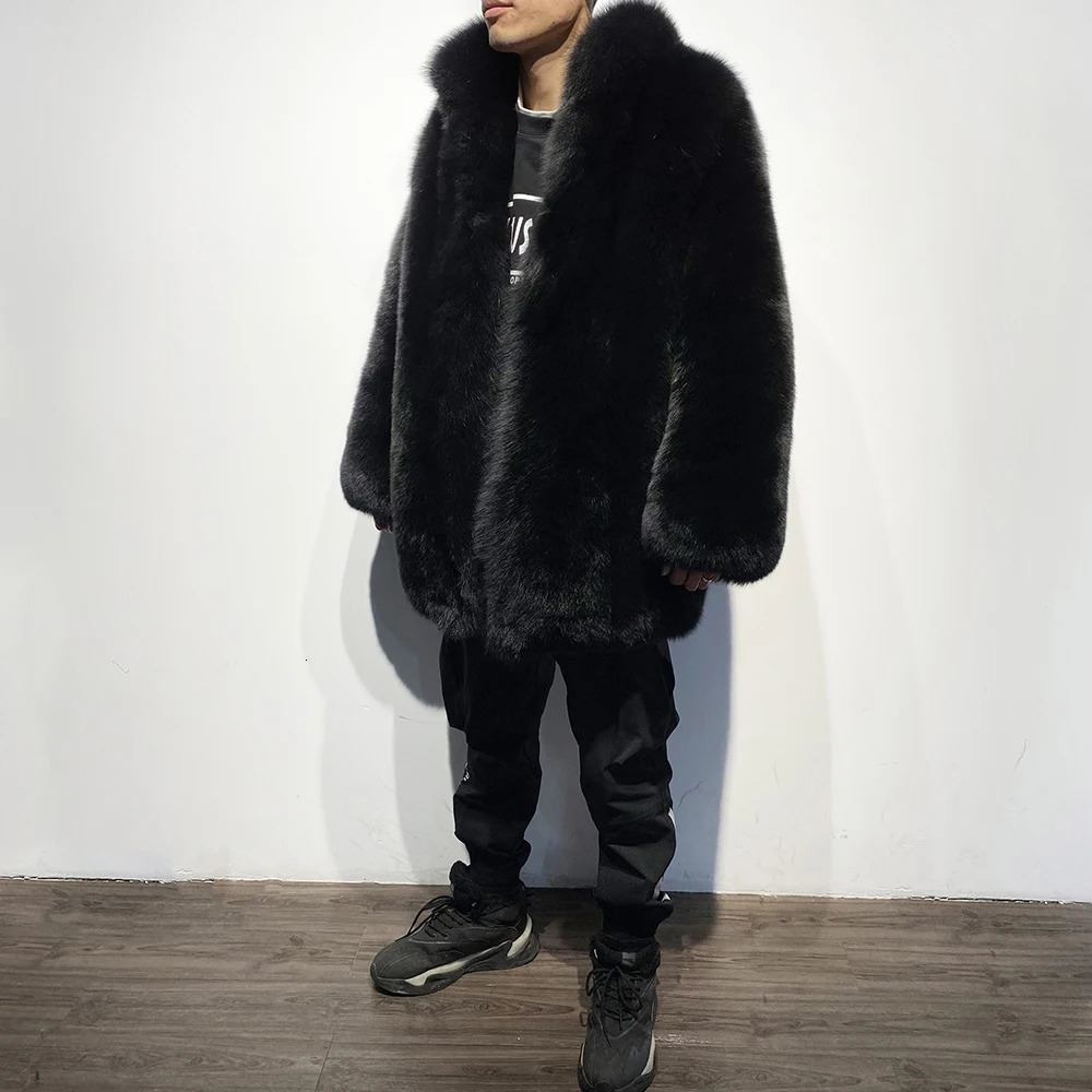 YOLOAgain Full Pelt Stand up Black Fox Fur Jakcet Mens Winter Warm Coat 241108