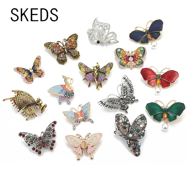 Elegant Women Retro SKEDS Butterfly Crystal Brooches Pins Insect Pearl Rhinestone Jewelry Brooch ddmysmile Pin Lady Party Accessories Smile