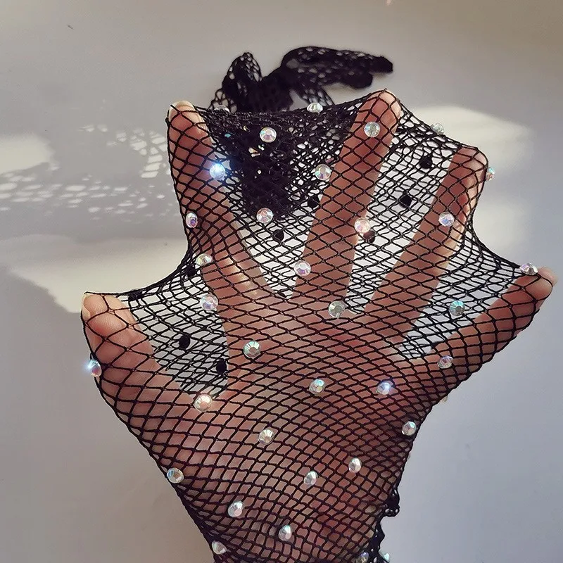 Rhinestone Long Fishnet Sexy Hand Gloves Women Stretchy Shiny Dia Black Lace Gloves Club Full Finger Ultra-Thin Mesh Mittens smile