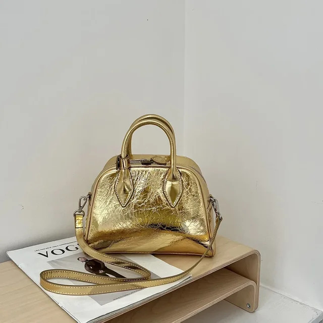 Fashion Stylish Shiny Gold Sier Color Tote Small Medium Size 100% Cowhide Leather Women Handbag High-Class Shoulder Bag Zipper Style Genuine Leather B