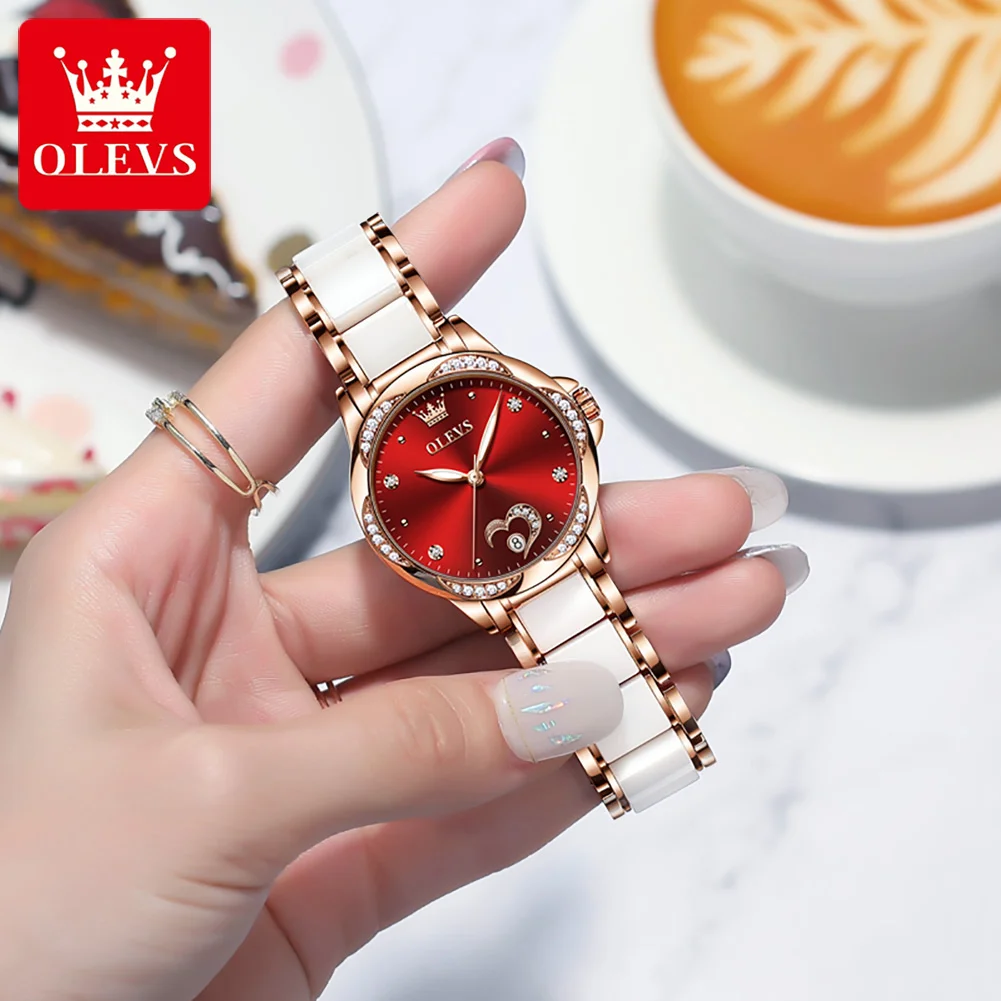 OLEVS Automatic Mechanical Watch for Women Luxury Ceramics Strap Waterproof Elegant Diamond Women's Wristwatch Clock Reloj Mujer