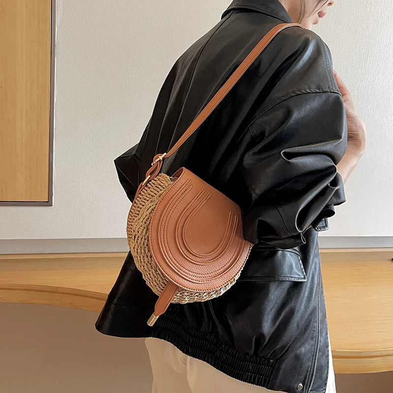 LEFTSIDE Small Straw Saddle Bags for Women 2023 Summer Crossbody Bags Lady Travel Purses and Handbags Female Shoulder Bag