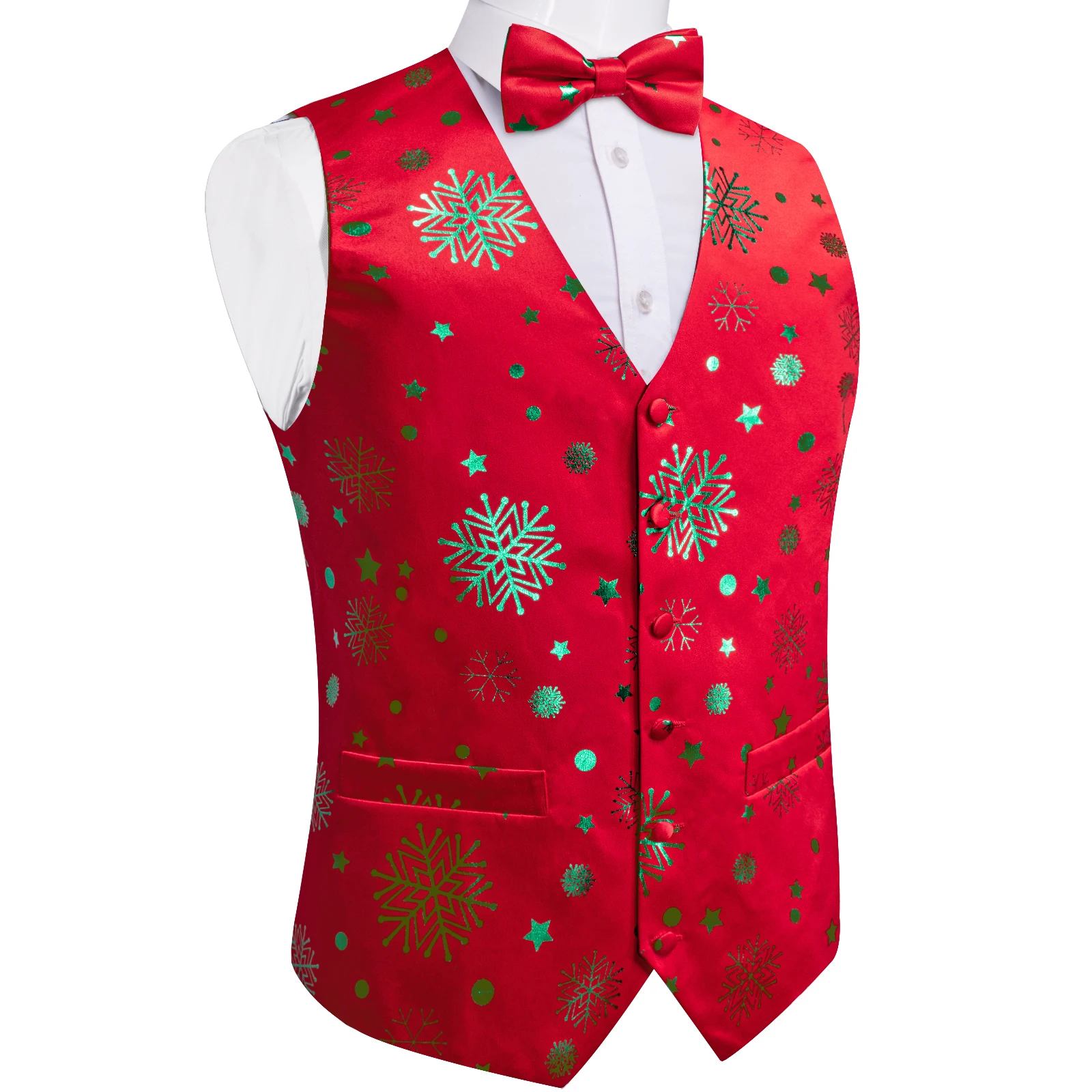 Red ddmysmile Green Snowflake New Ball Christmas Silk Men Waistcoat Tie Handkerchief Cufflinks Set Family Party Men Clothing Smile
