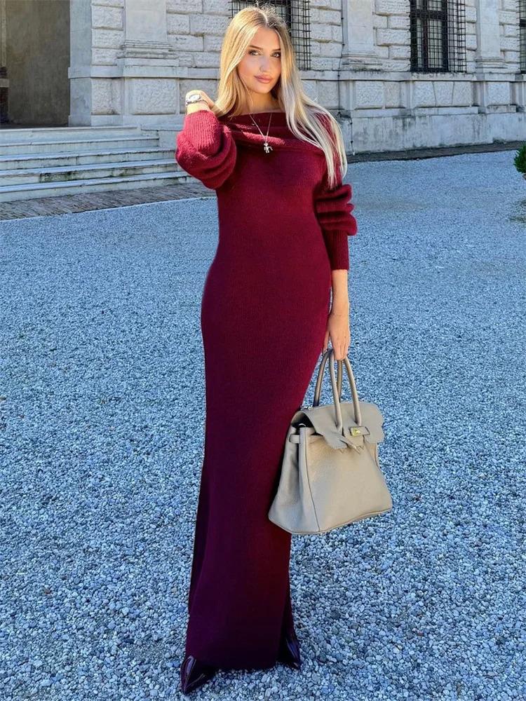 Tossy Winter Knitwear Sweater Long For Women Off-Shoulder Loose High Waist Slim Elegant Fashion Knit Ladies Dress 241108 C260312