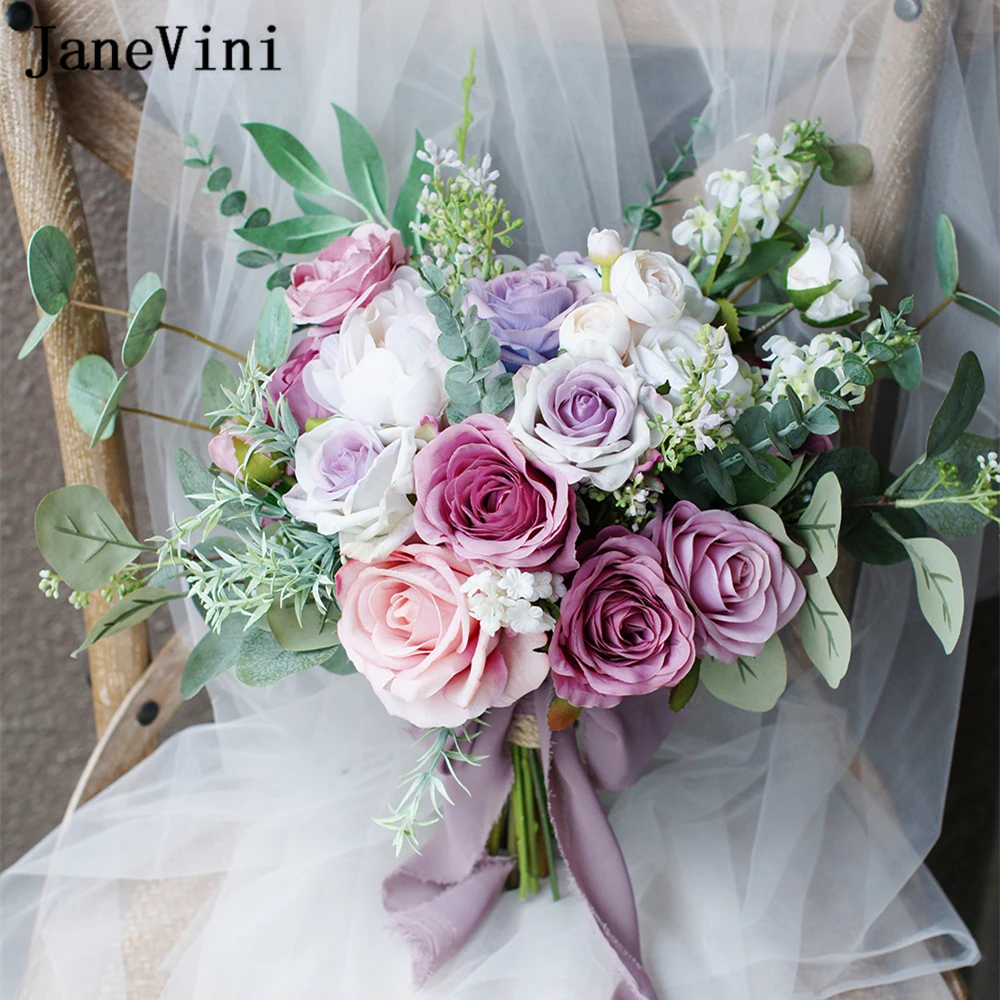 Eucalyptus JaneVini Roses Romantic Pink Purple Artificial Flowers Bouquet for Bride Europe Style Wedding Bouquets Buque De Noiva smile