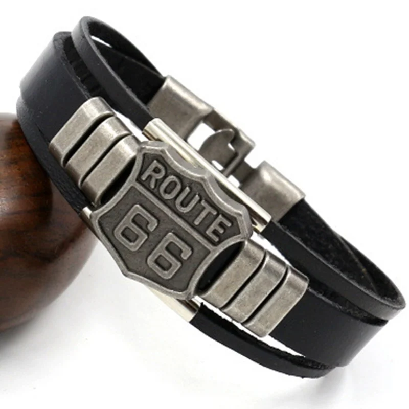 Trendy American Route 66 Printed Pattern Bracelet Men's Bracelet Metal Multilayer Leather Bracelet Accessories New Party Jewelry