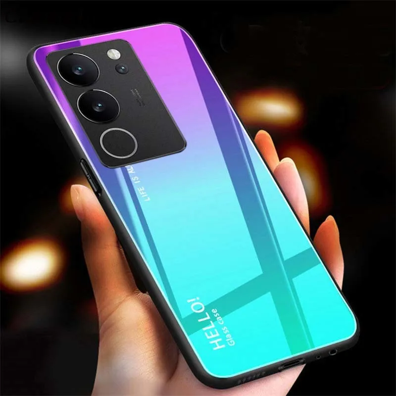 5G V29 For VIVO Case Gradient Rainbow Color Tempered Glass Hard Cover For vivo V29E V29 Pro Lite Shockproof Shell smile
