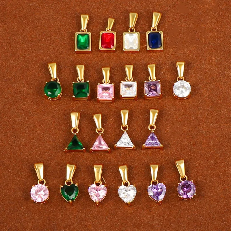 MODAGIRL stainless steel gold-plated square heart-shaped triangle circular rectangle charm four-color CZ necklace loose small pendant 241108