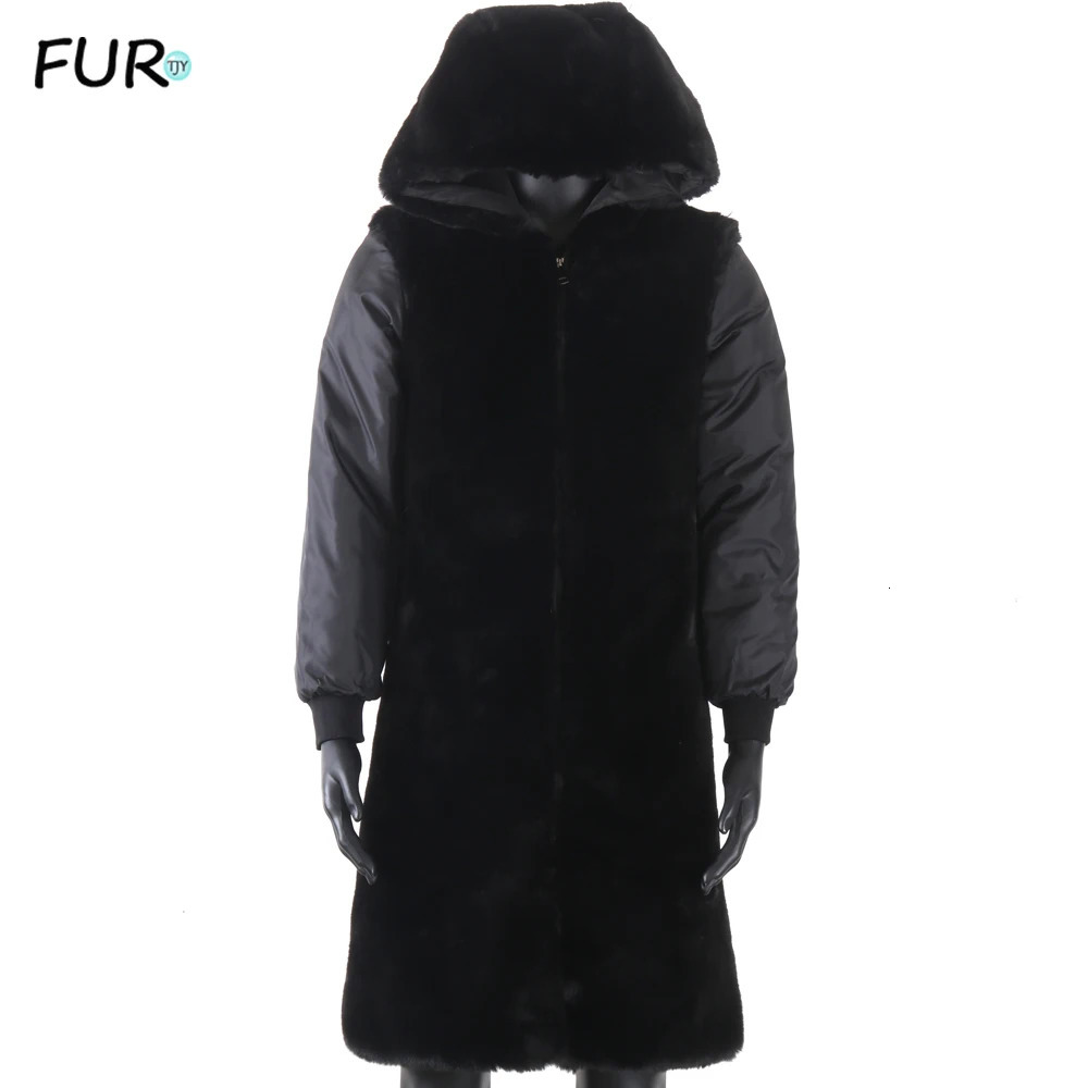 Winter jacket mens real fur coat natural artificial rabbit fur lining X long coat 241108