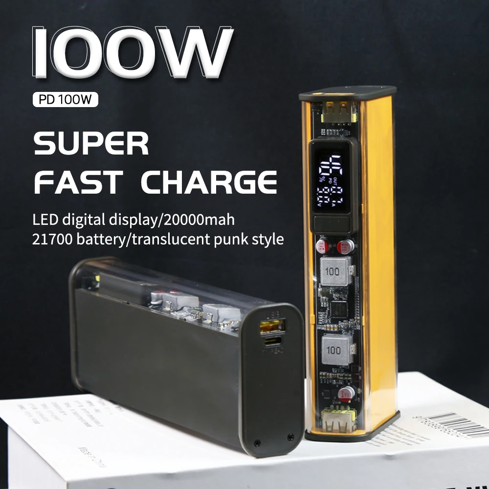 PD100W Power Bank 21700 DIY Battery Case 20000mah PPS 100W LED Display Screen For Laptop Phone Transparent Punk Fast Charging