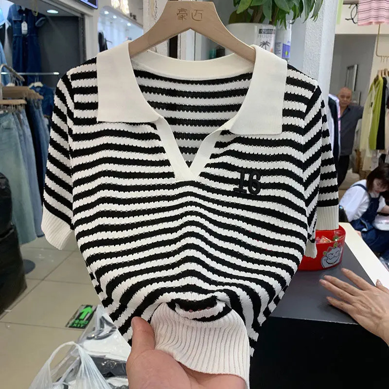 Women's T-Shirt Women Short Slve Striped Polo Shirts Summer T-shirt Hollow Out Contrast Colors Patchwork Korean Fashion Casual Versatile Tops 240