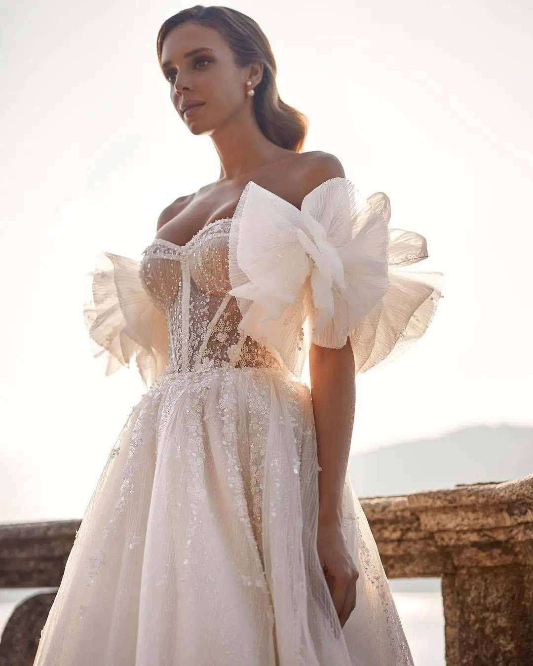 A Verngo Line Glitter 2023 A Line Wedding Dresses Sweetheart Removable Puff Long Sleeves Shiny ddmysmile Bridal Gowns Robe De Mariage Smile